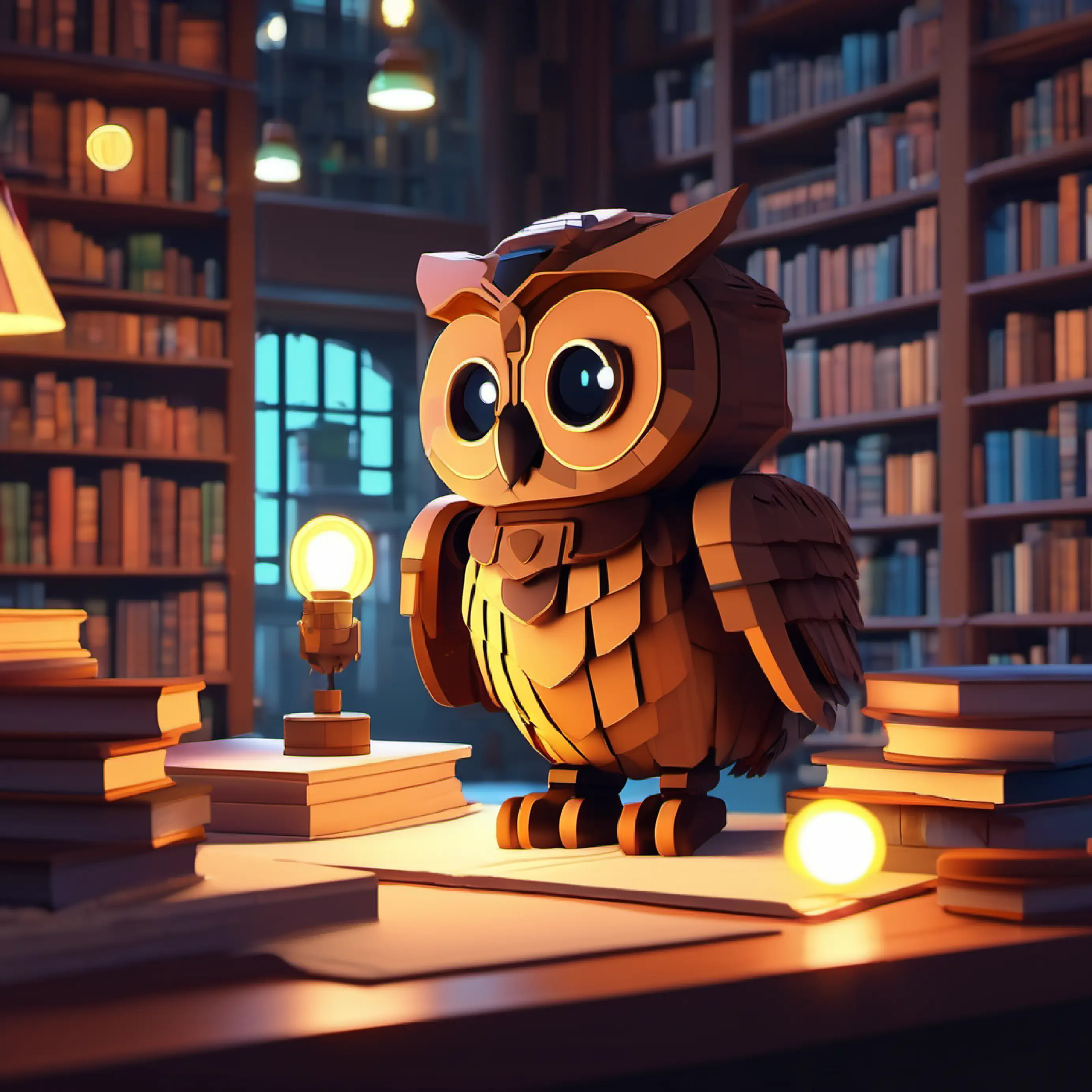 Small robot with blinking lights, no specific skin or eye color and A wise librarian owl, brown feathers, big round eyes collaborate on a story.