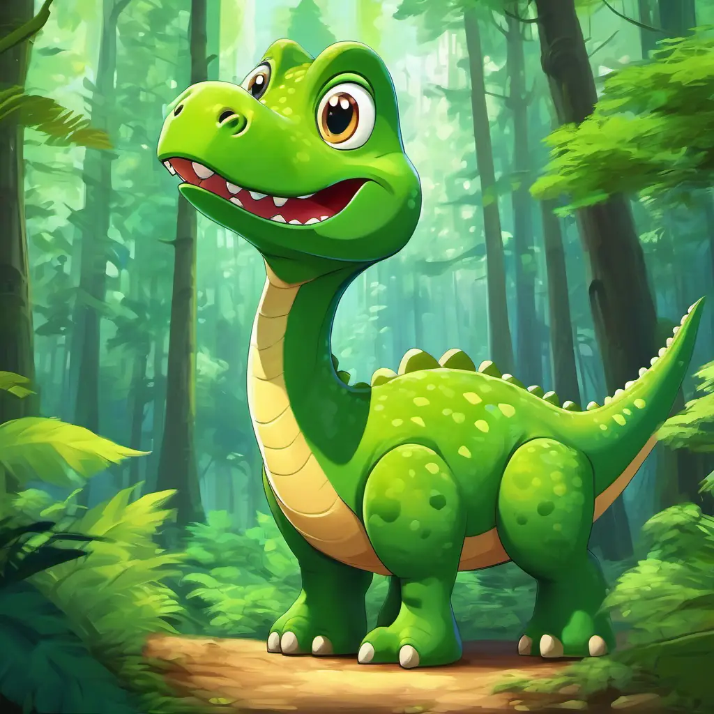 A picture of Green dinosaur with big round eyes, a green dinosaur with big round eyes, standing in a forest with tall green trees.