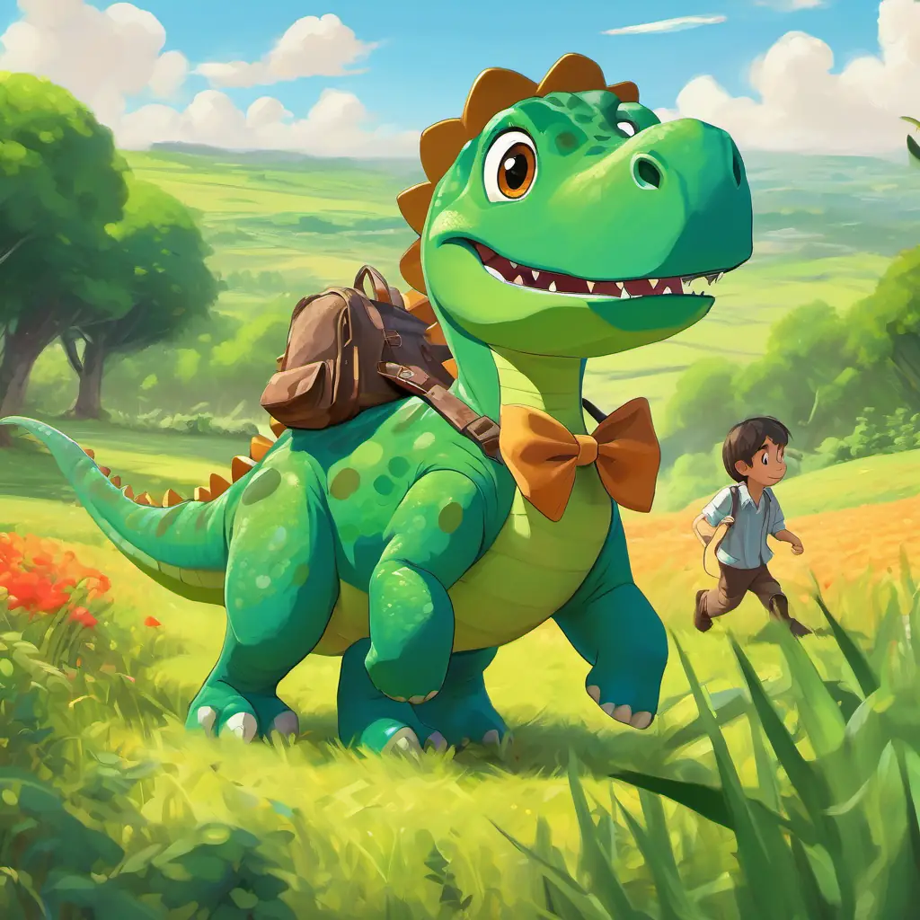 A picture of Green dinosaur with big round eyes walking through a field, with people nearby who have brown hair, blue eyes, and colorful clothes.