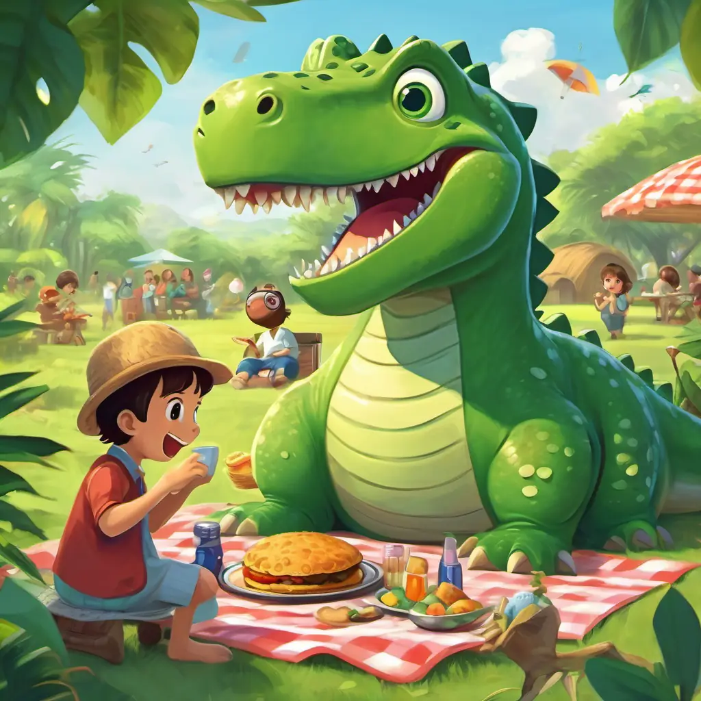 A picture of Green dinosaur with big round eyes and the people having a picnic, playing games, and laughing.