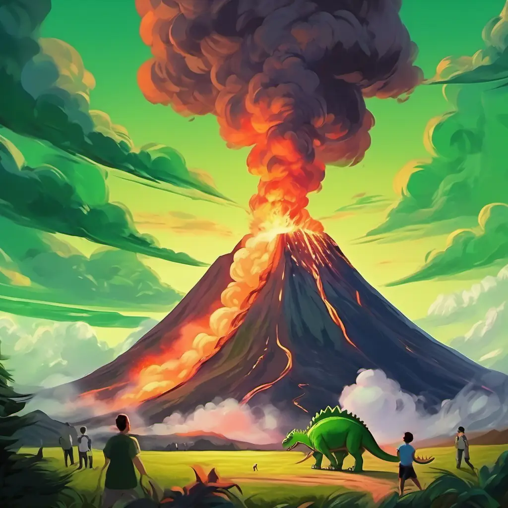 A picture of a volcano erupting, with fire and smoke filling the sky. Green dinosaur with big round eyes and the people look scared.