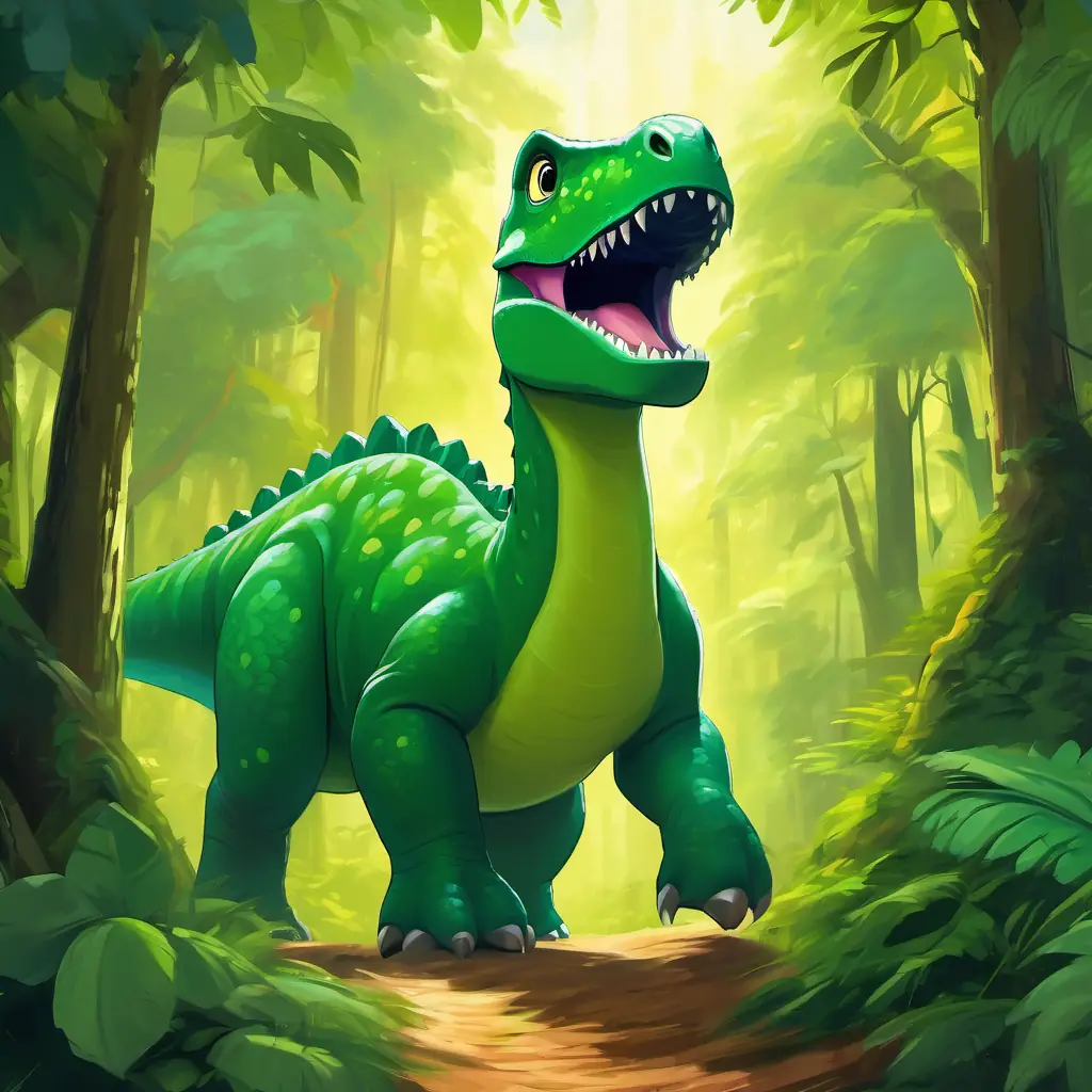 A picture of Green dinosaur with big round eyes leading the people through the forest to a hidden cave.