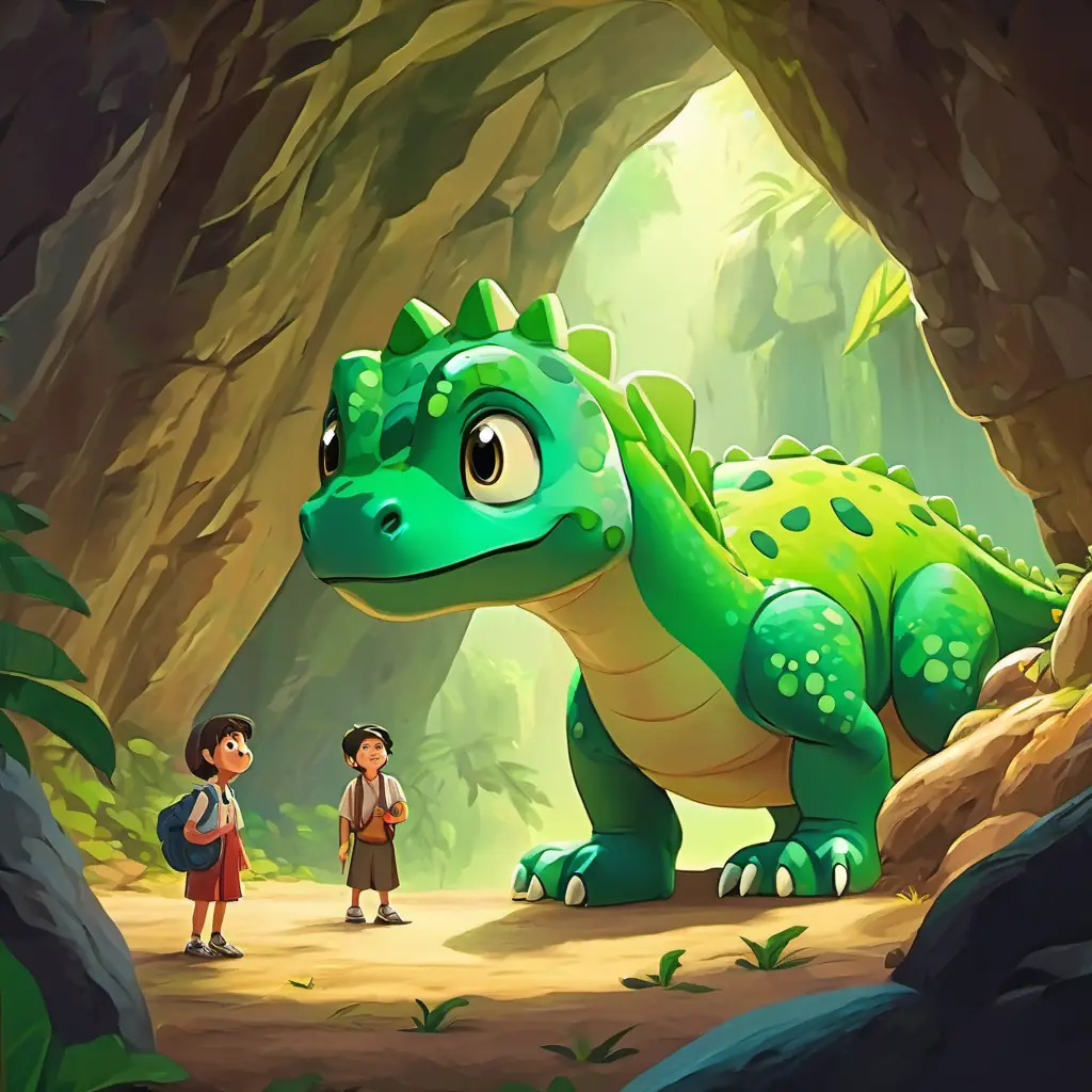 A picture of Green dinosaur with big round eyes and the people inside the cave, feeling relieved and thankful.