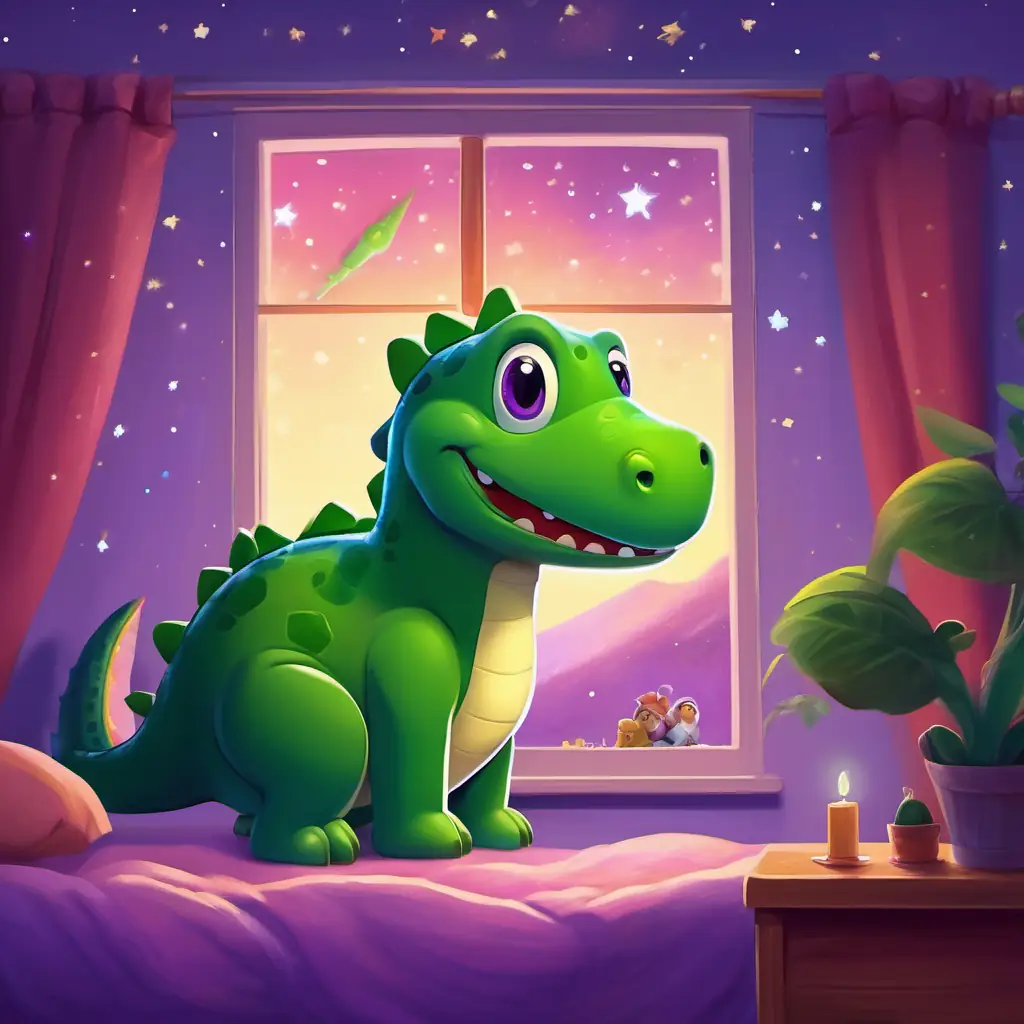 Green dinosaur, friendly eyes, big smile, purple pajamas, toy rocket in his pajamas, gazing at the twinkling stars through his bedroom window.