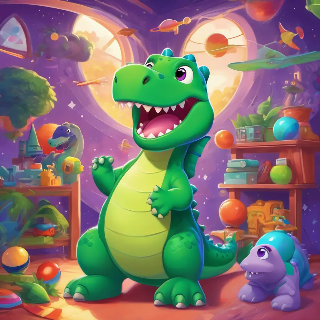 Green dinosaur, friendly eyes, big smile, purple pajamas, toy rocket in his playroom, surrounded by colorful space-themed toys and posters.