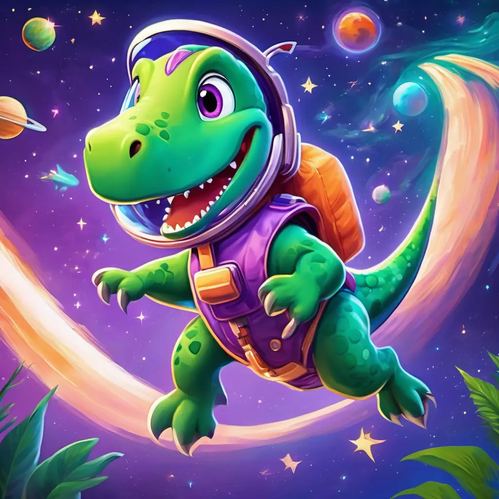 Green dinosaur, friendly eyes, big smile, purple pajamas, toy rocket in his rocket, zooming past shooting stars and satellites in outer space.