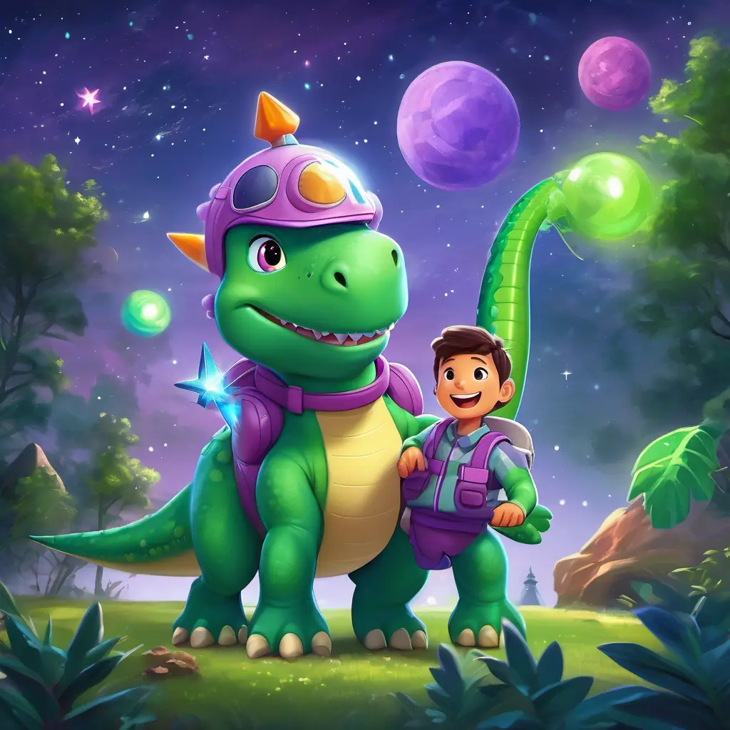 Green dinosaur, friendly eyes, big smile, purple pajamas, toy rocket outside his rocket, surrounded by friendly aliens and twinkling stars.