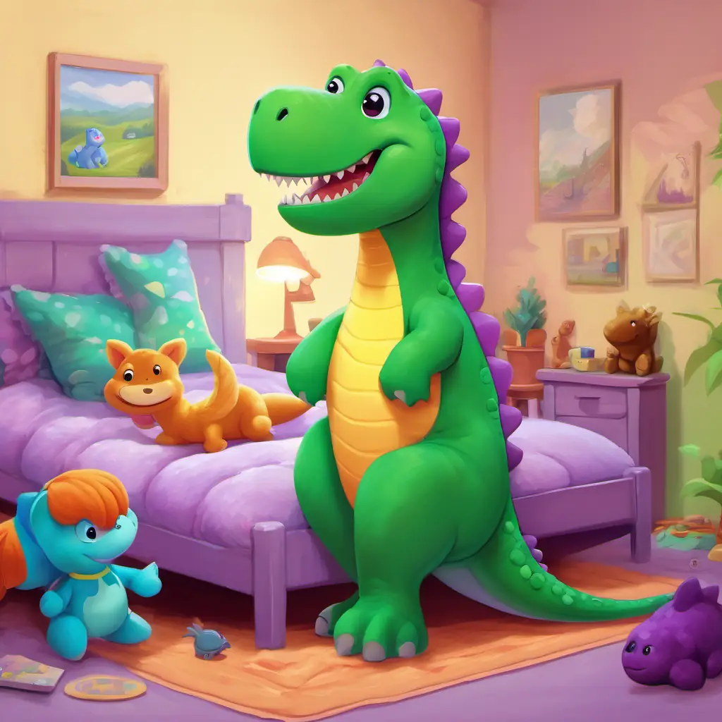 Green dinosaur, friendly eyes, big smile, purple pajamas, toy rocket back in his bedroom, drifting off to dreamland, surrounded by his favorite stuffed animals.