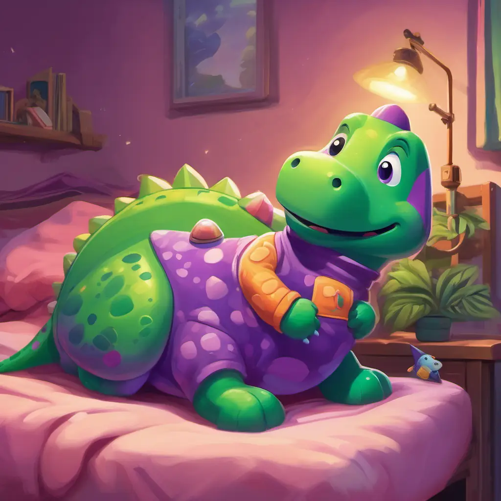 Green dinosaur, friendly eyes, big smile, purple pajamas, toy rocket asleep in bed, with a content smile and a small rocket toy clutched in his hand.