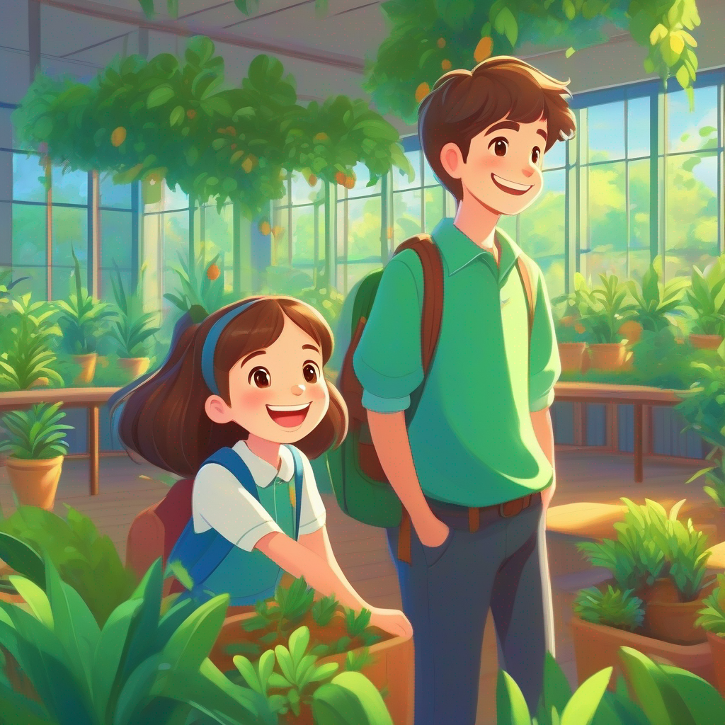 Brown hair, blue shirt, big smile at school, green classroom, happy friends, colorful plant