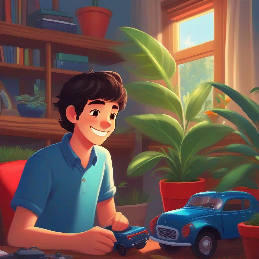 Brown hair, blue shirt, big smile at his desk with a plant, Black hair, red shirt, friendly face with a shiny toy car