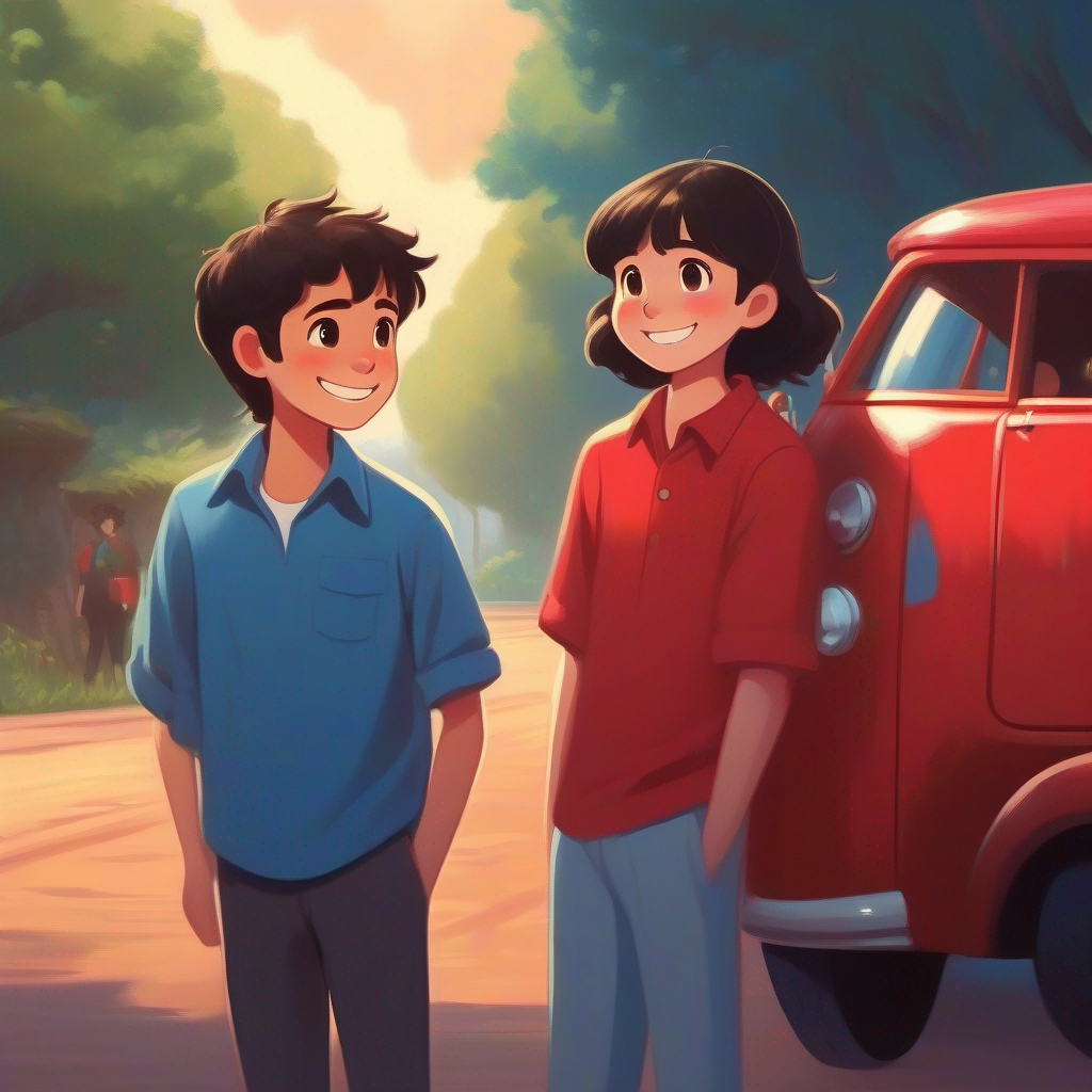 Brown hair, blue shirt, big smile talking to Black hair, red shirt, friendly face, smiling faces, shiny toy car