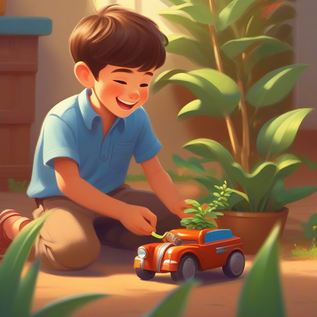 Brown hair, blue shirt, big smile playing with the toy car, happy faces, Ahmed watering the plant