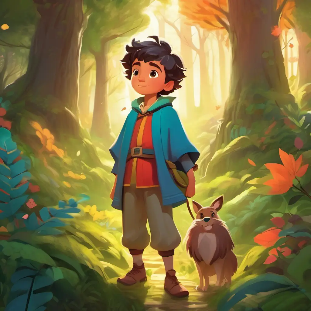 Introduction to Brave boy with kind eyes and a big heart, wearing colorful clothes and the magical forest