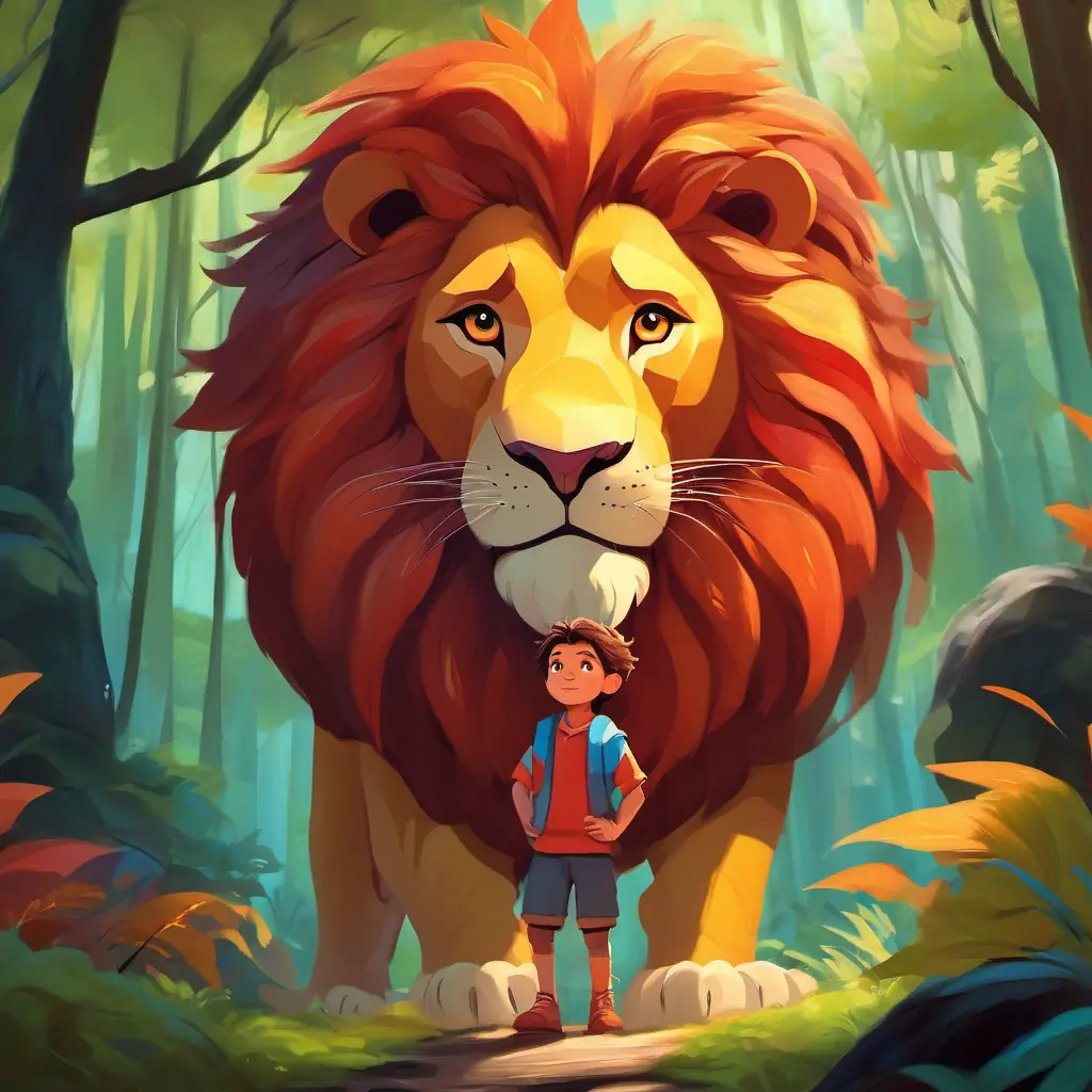 Brave boy with kind eyes and a big heart, wearing colorful clothes encounters the fierce lion in the forest
