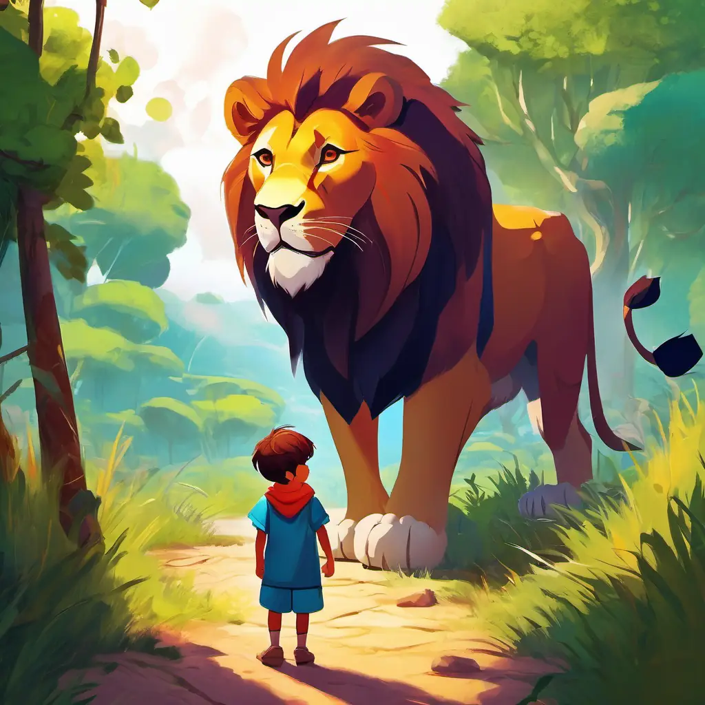 Brave boy with kind eyes and a big heart, wearing colorful clothes decides to protect his village and confront the lion