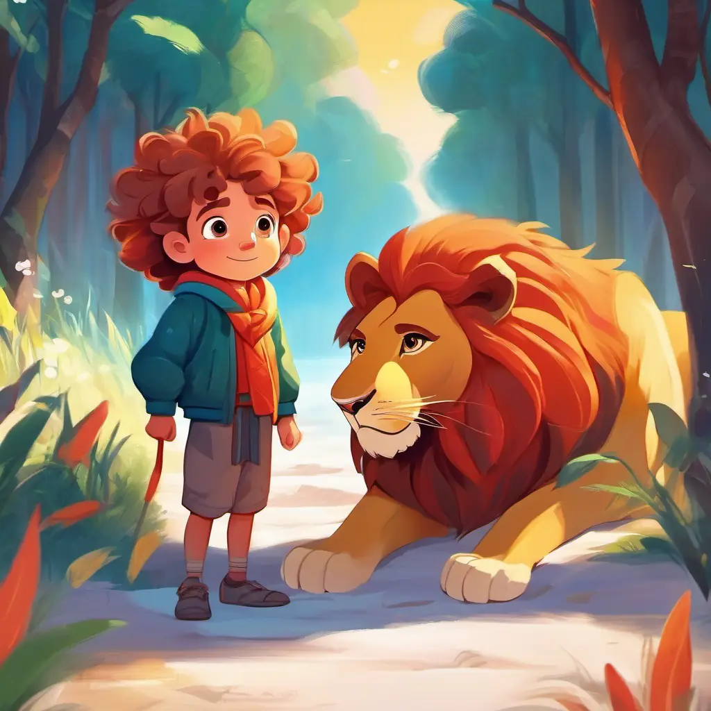 Brave boy with kind eyes and a big heart, wearing colorful clothes faces the lion with kindness and bravery