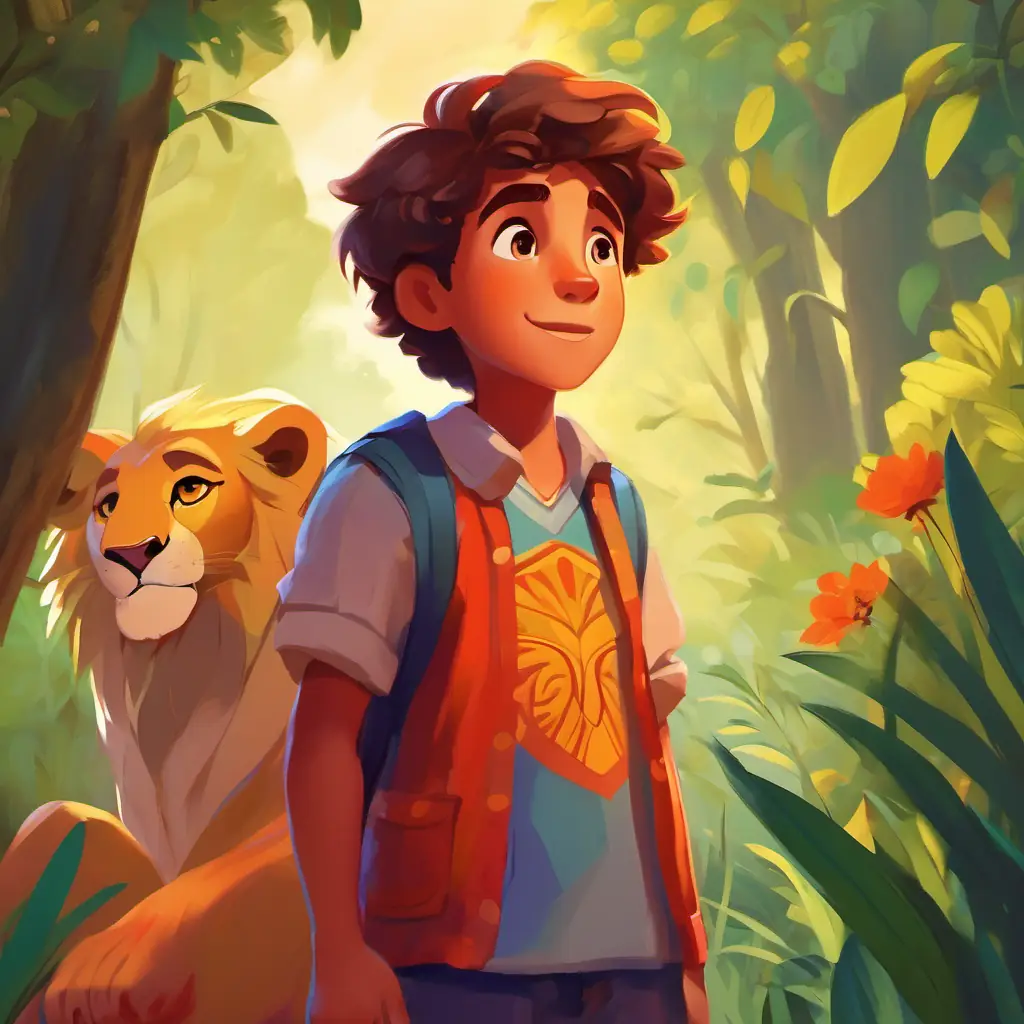 Brave boy with kind eyes and a big heart, wearing colorful clothes and the lion have a surprising conversation