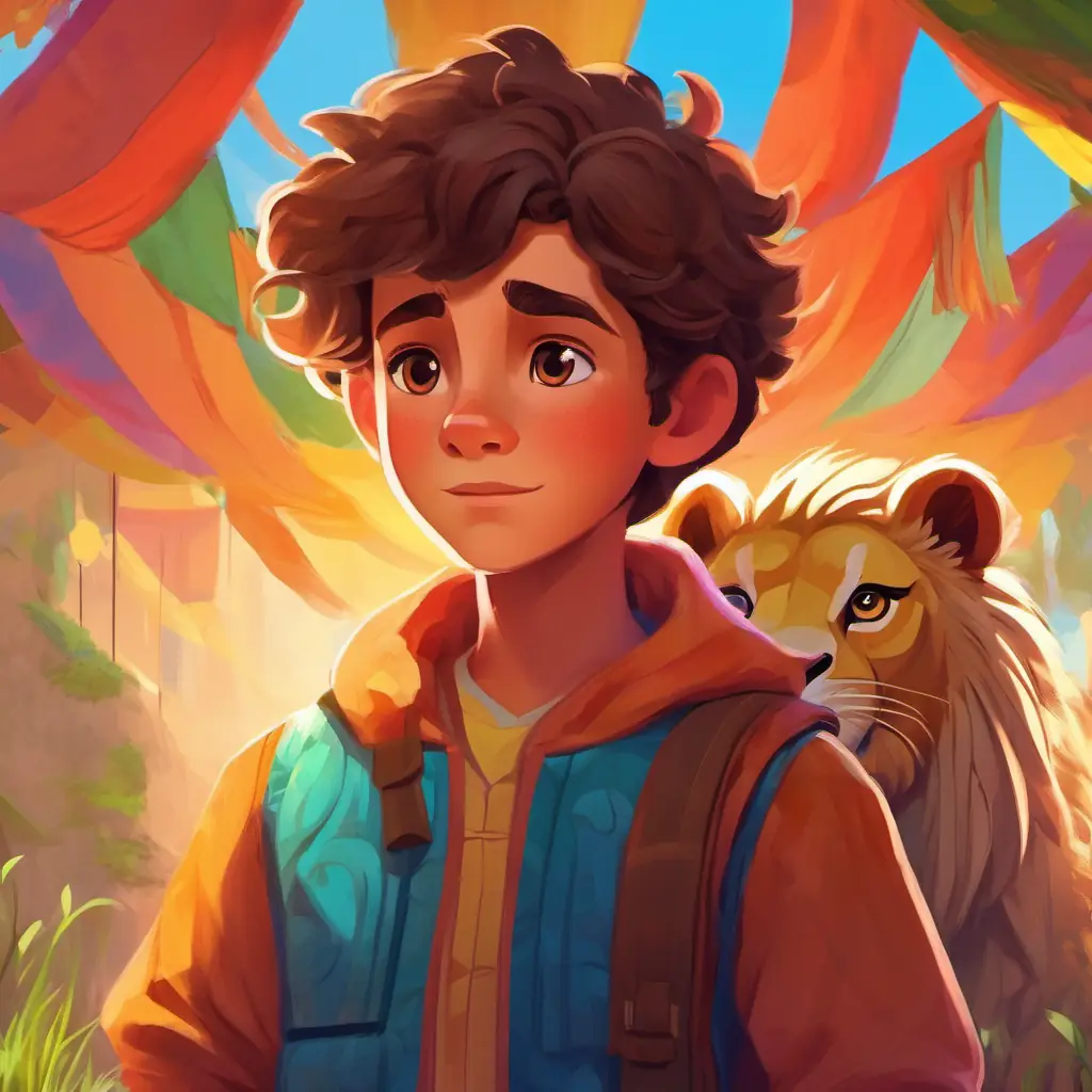 Brave boy with kind eyes and a big heart, wearing colorful clothes and the lion work together to find a peaceful solution