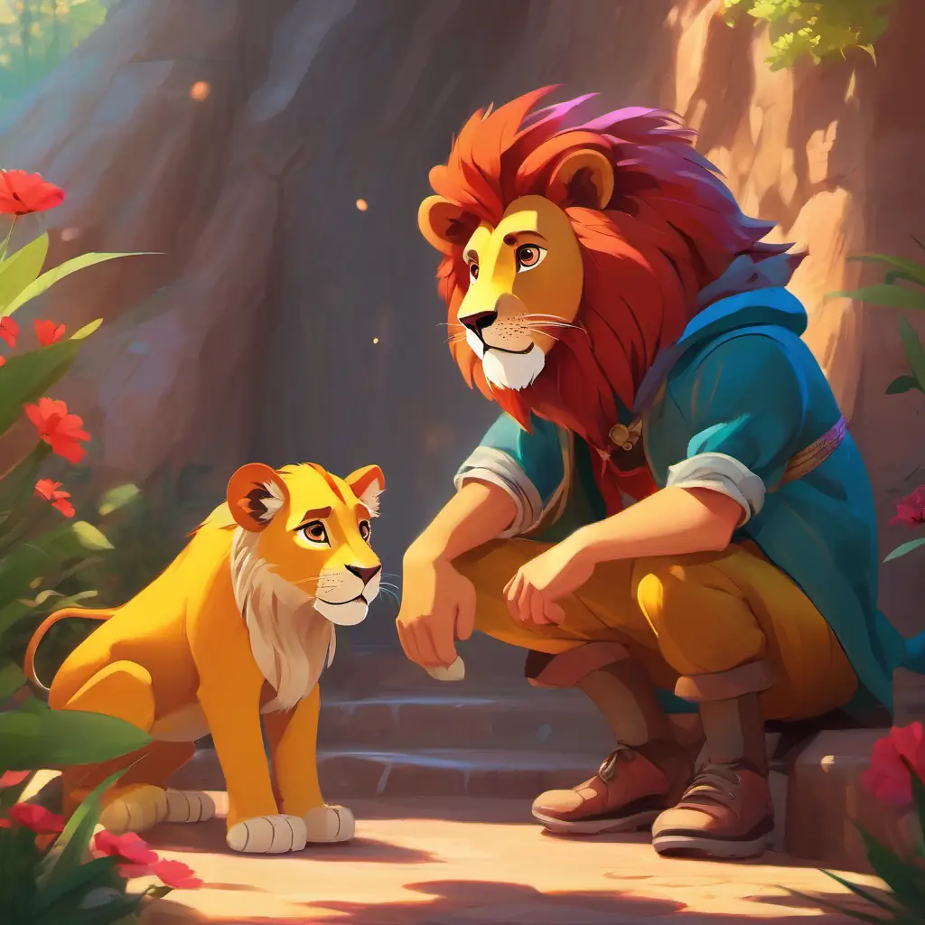 Brave boy with kind eyes and a big heart, wearing colorful clothes and the lion become friends and teach a valuable lesson