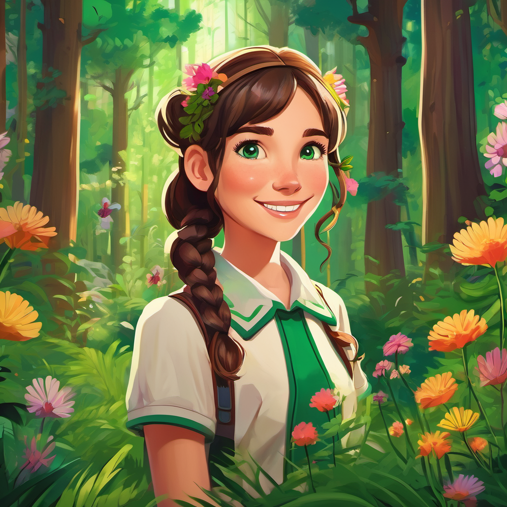 Friendly girl with pigtails, green eyes, and a big smile in a beautiful forest with tall trees, vibrant flowers, and magical creatures