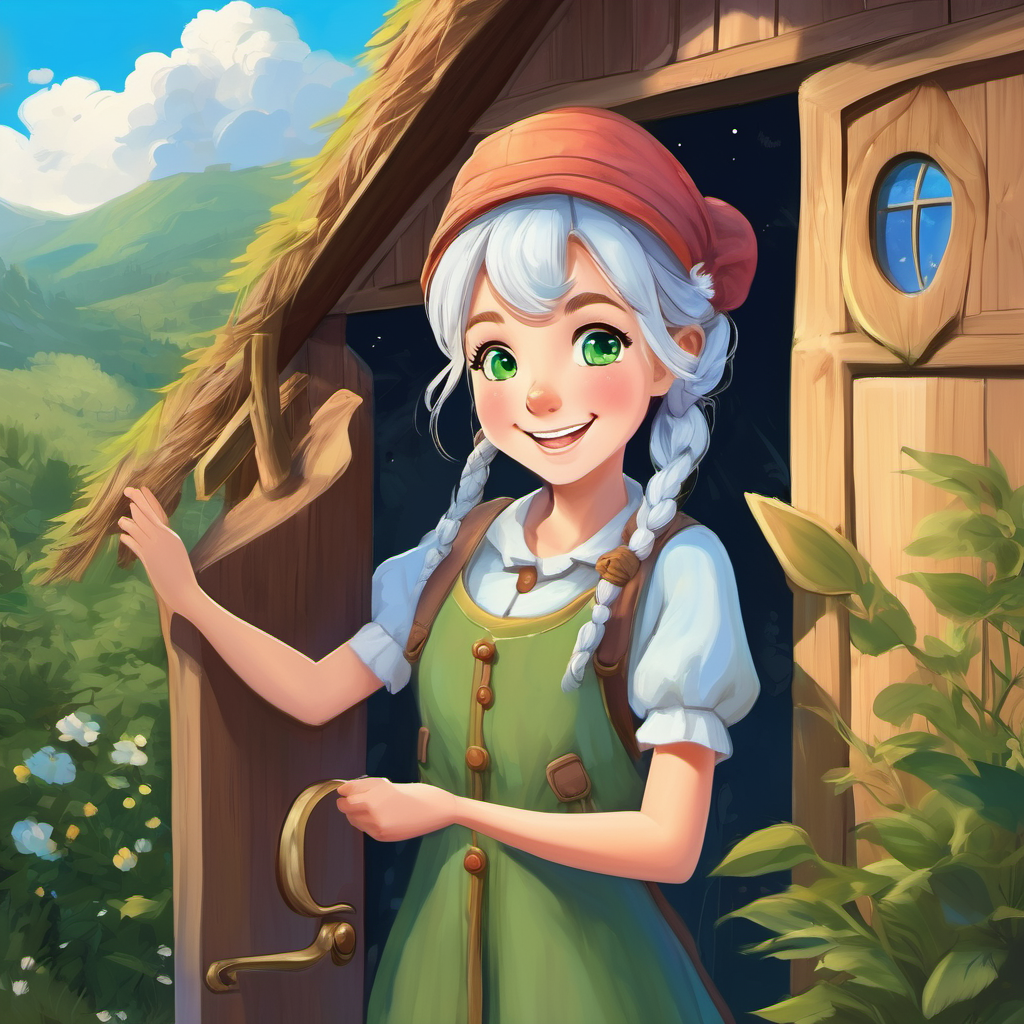 Friendly girl with pigtails, green eyes, and a big smile knocking on the door of the cottage, Old wizard with a long white beard, twinkling blue eyes, and a pointy hat opening it with a friendly smile