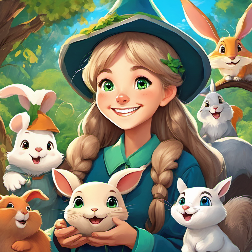 Friendly girl with pigtails, green eyes, and a big smile and Old wizard with a long white beard, twinkling blue eyes, and a pointy hat laughing together, surrounded by cute animals like rabbits and squirrels