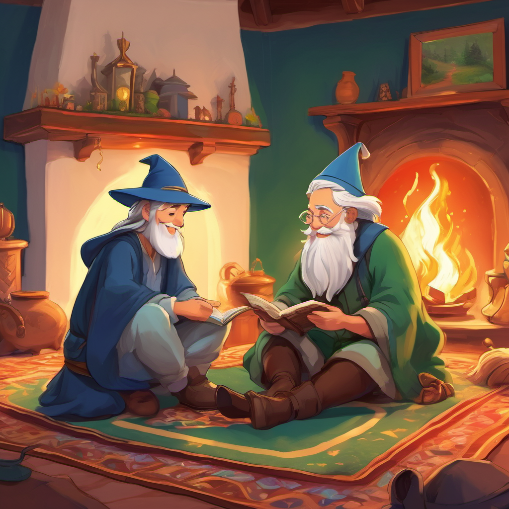 Friendly girl with pigtails, green eyes, and a big smile and Old wizard with a long white beard, twinkling blue eyes, and a pointy hat sitting on a carpet near the fire, talking and smiling