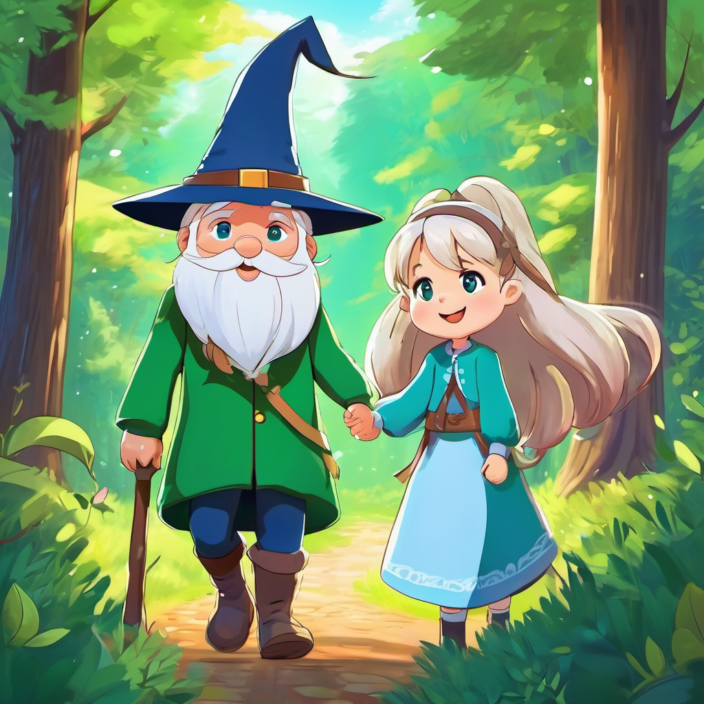 Friendly girl with pigtails, green eyes, and a big smile and Old wizard with a long white beard, twinkling blue eyes, and a pointy hat hugging each other goodbye, waving as Friendly girl with pigtails, green eyes, and a big smile leaves the forest