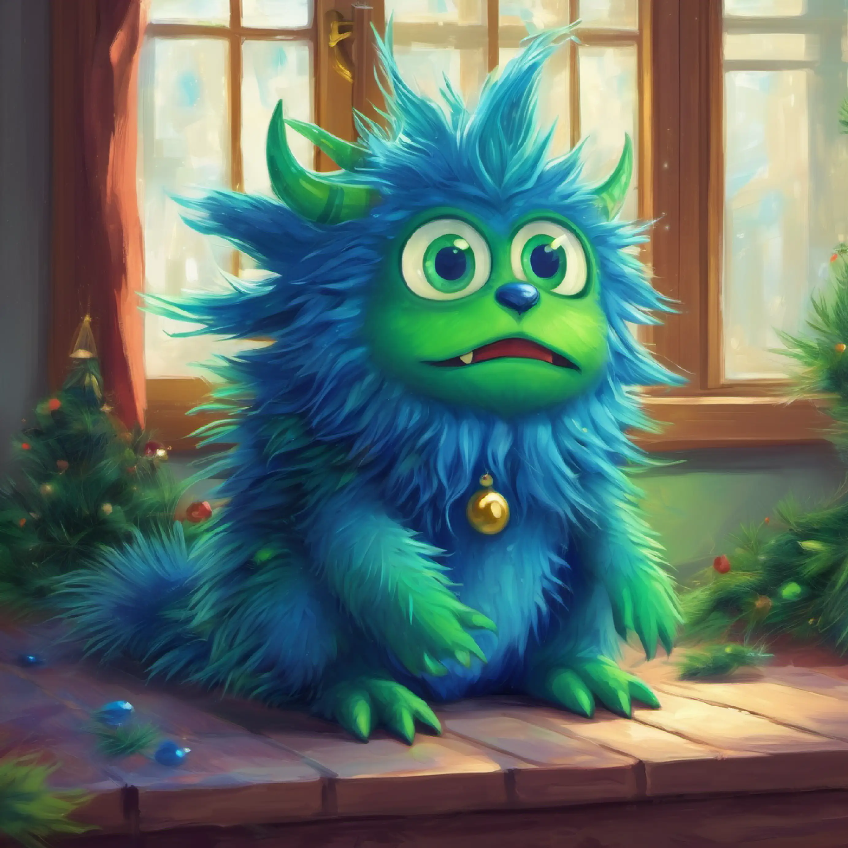 Small blue monster, wide green eyes, spiky hair questioning why they must look under the bed.