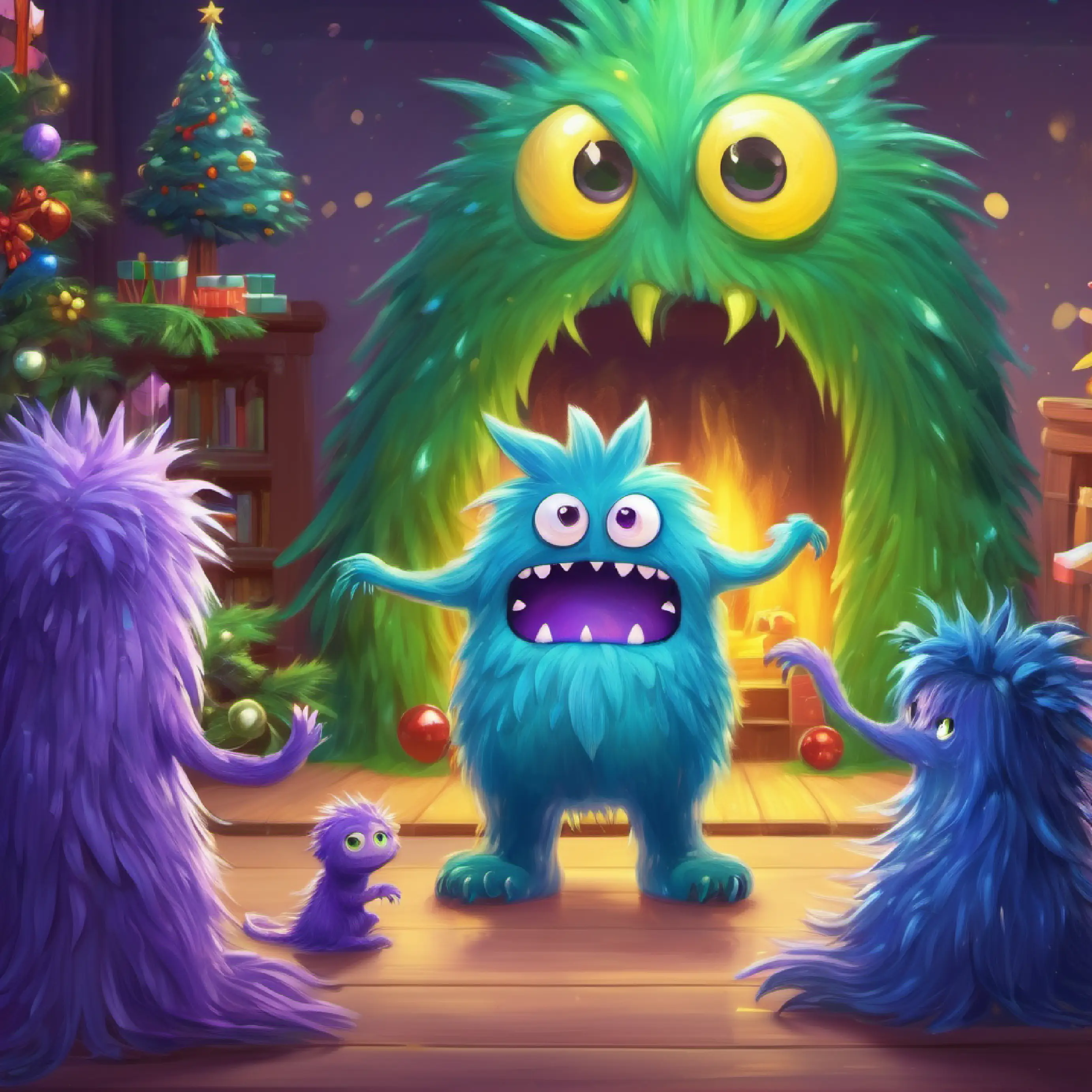 Tall purple monster, caring yellow eyes, long arms explains the routine to Small blue monster, wide green eyes, spiky hair with a smile.