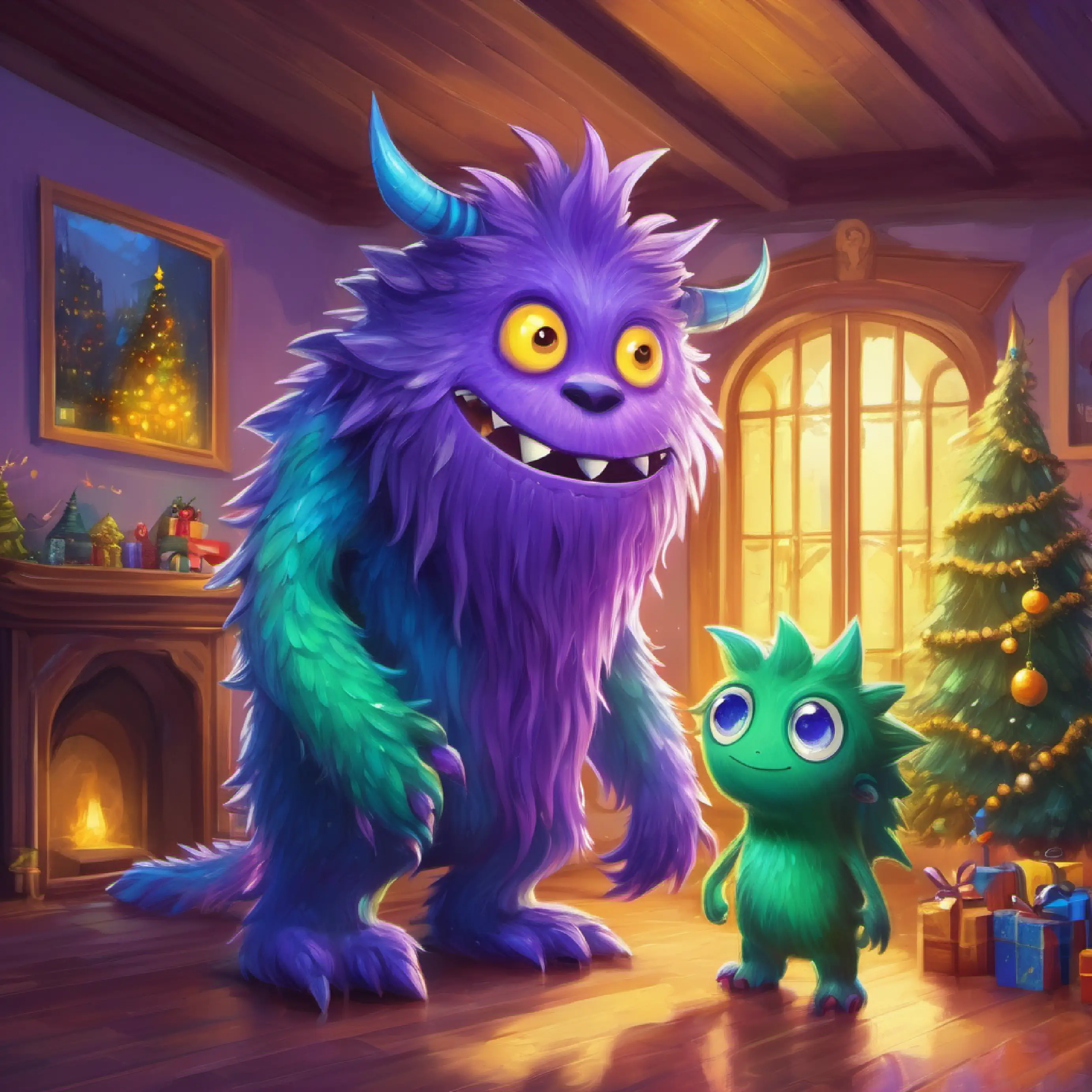 Tall purple monster, caring yellow eyes, long arms assures Small blue monster, wide green eyes, spiky hair that all is safe in their home.