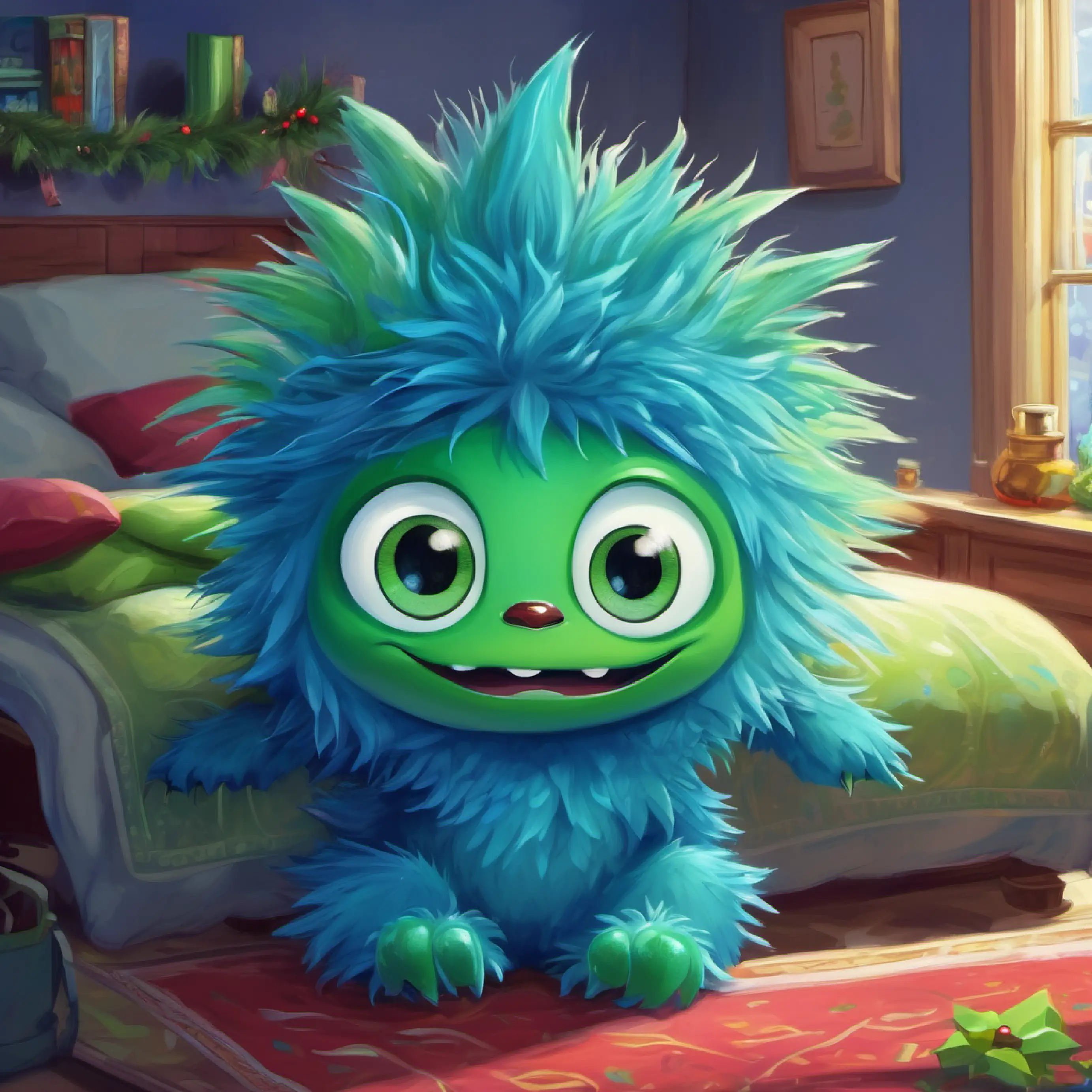 Small blue monster, wide green eyes, spiky hair accepts and gets ready for bed contentedly.