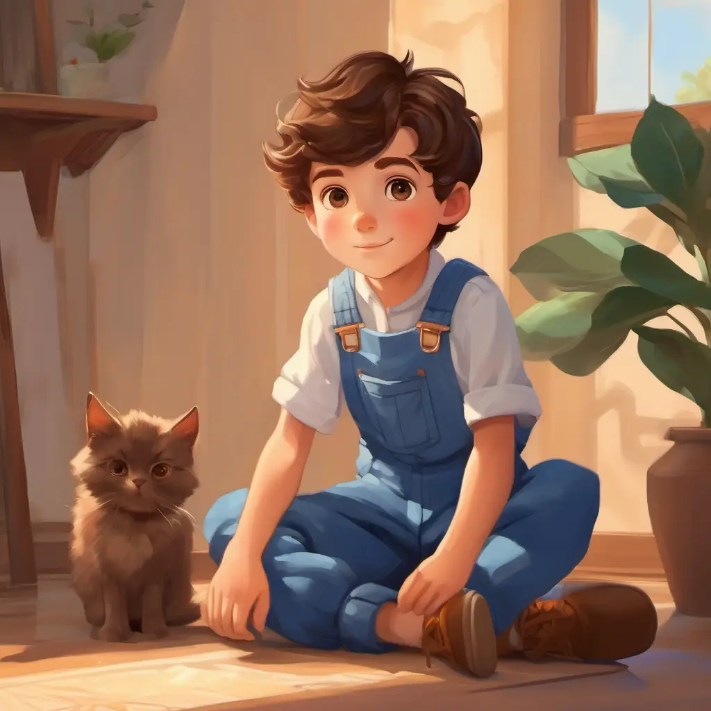 Introducing A young boy with brown hair, brown eyes, often in blue overalls at home.