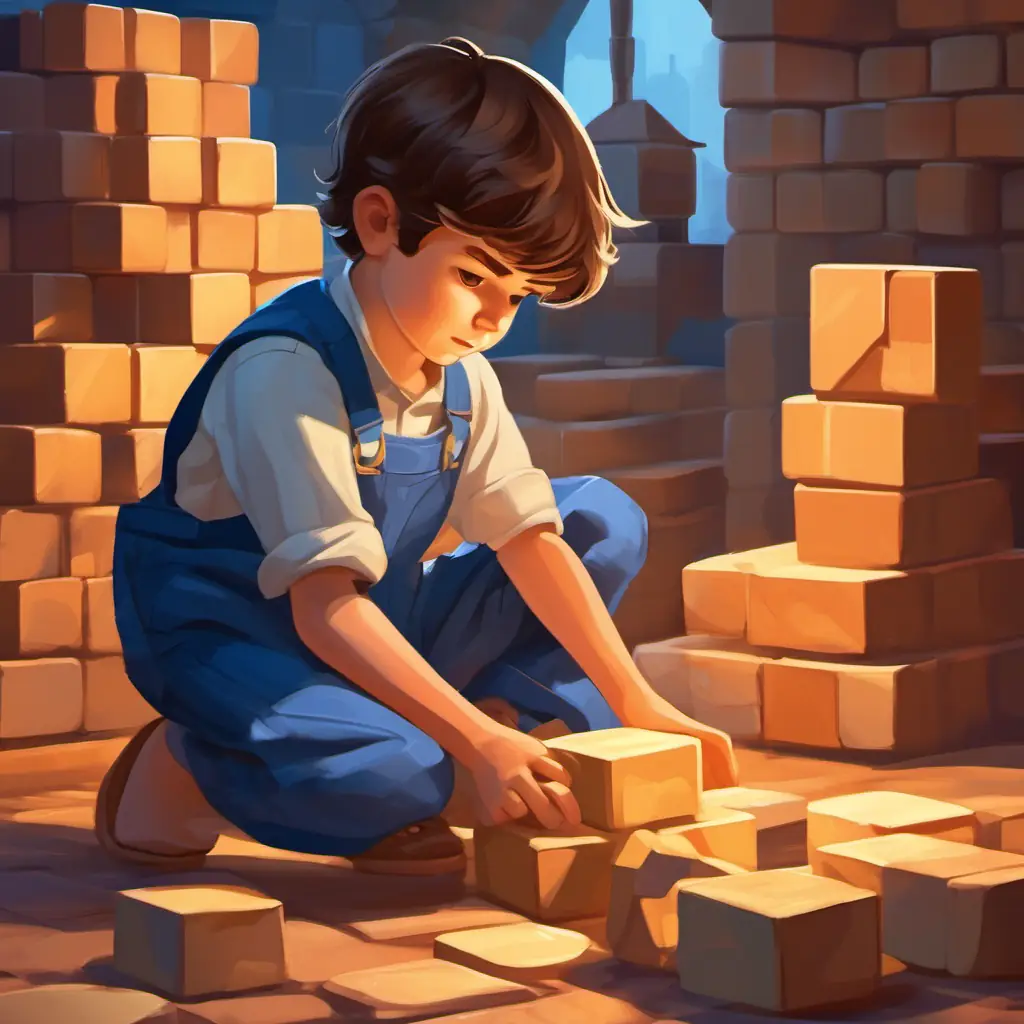 A young boy with brown hair, brown eyes, often in blue overalls playing with blocks, starts to get upset.