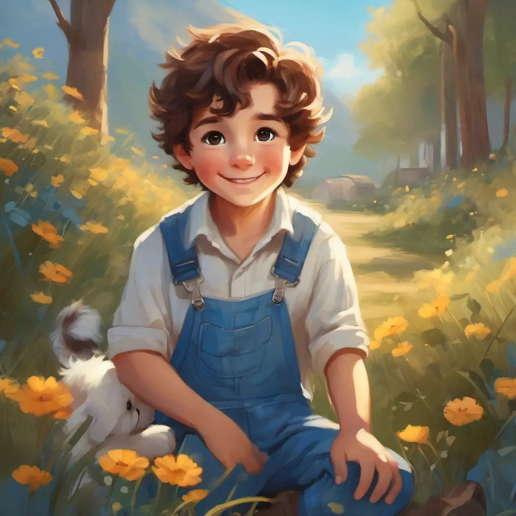 A small, fluffy puppy with white fur, brown spots, and bright eyes is happy as A young boy with brown hair, brown eyes, often in blue overalls stays calm; they reconcile.