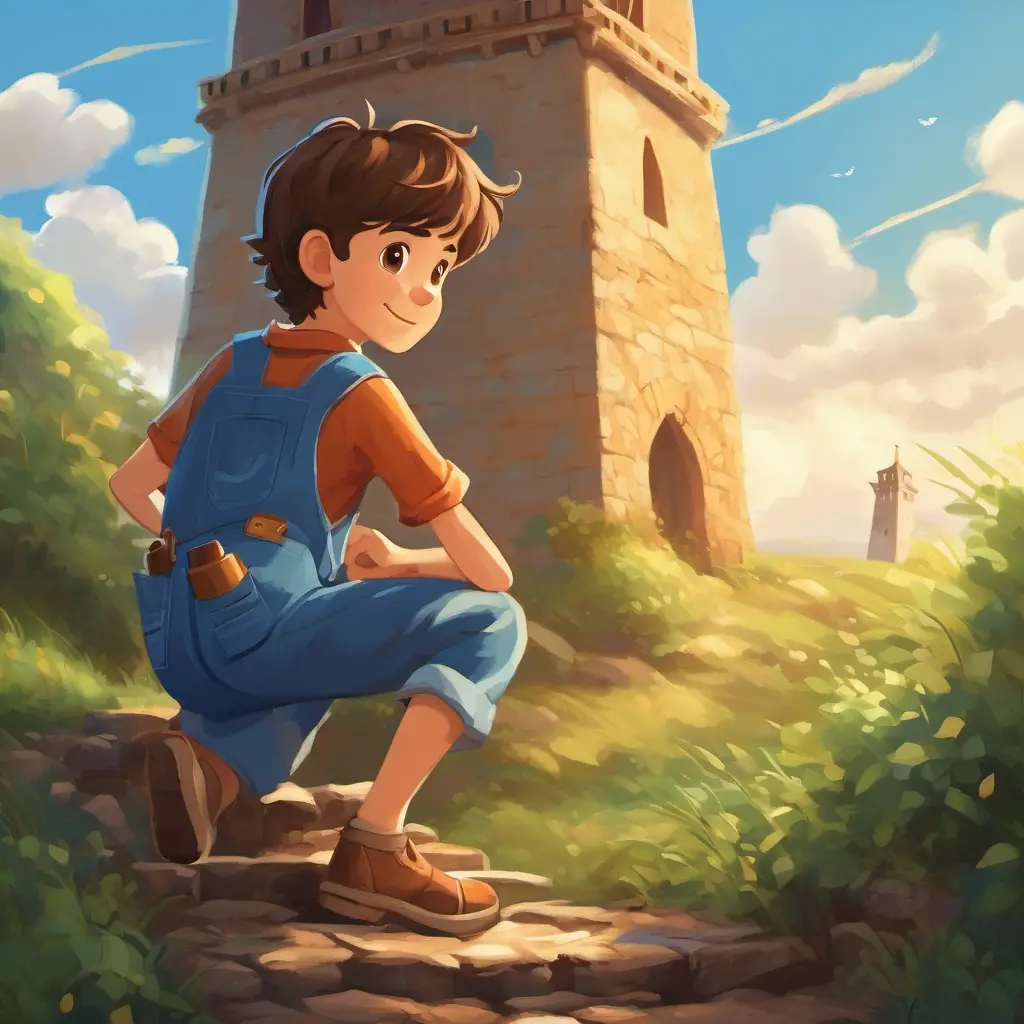 A young boy with brown hair, brown eyes, often in blue overalls rebuilds the tower, ending the story positively.