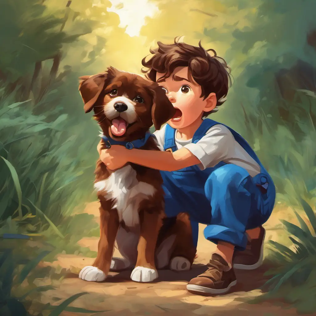 A young boy with brown hair, brown eyes, often in blue overalls has a temper tantrum, frightening his puppy.