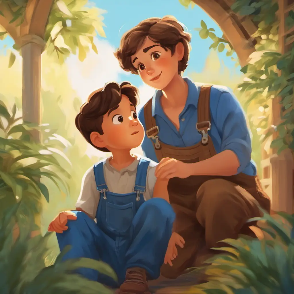 A young boy with brown hair, brown eyes, often in blue overalls's mom tries to help him calm down.