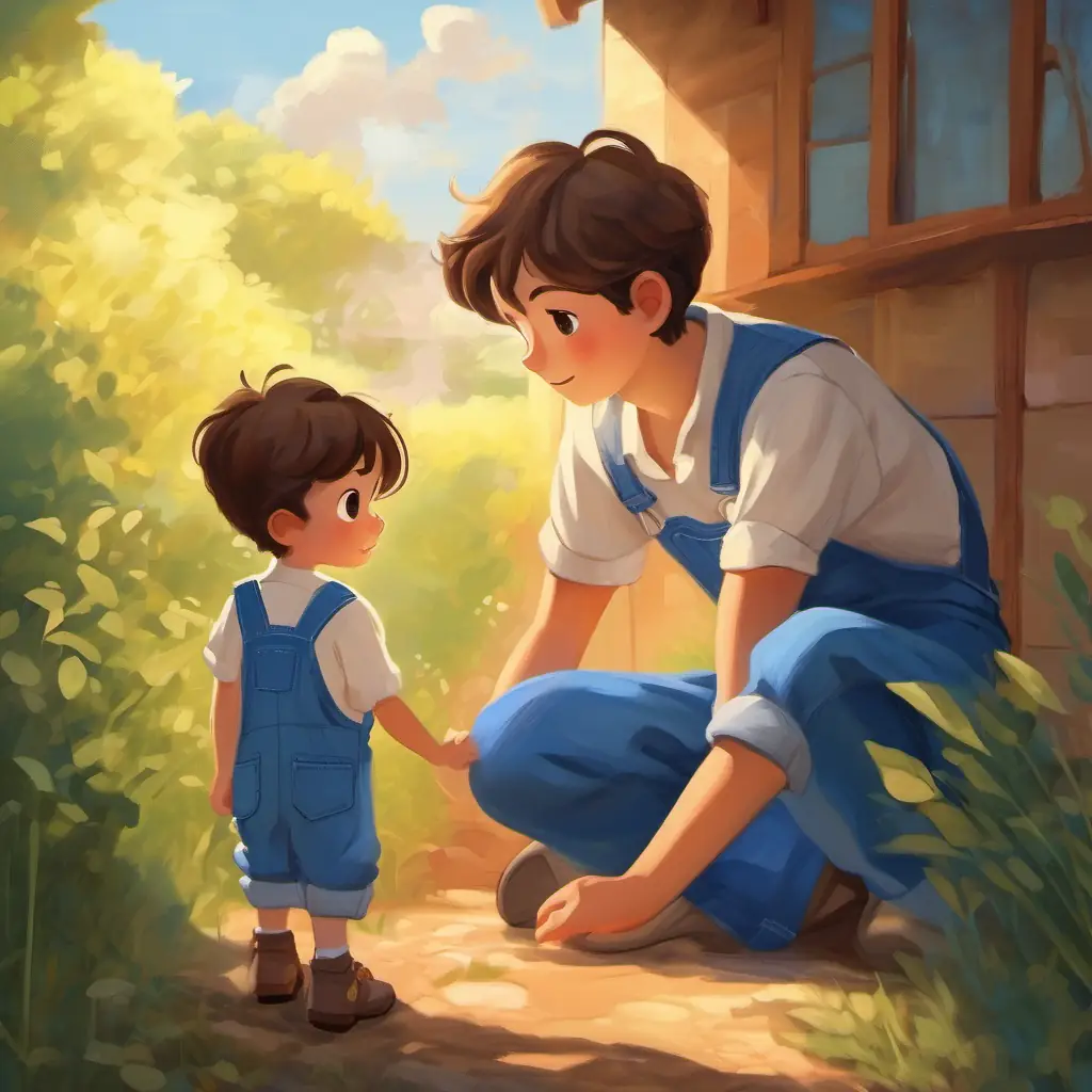 A young boy with brown hair, brown eyes, often in blue overalls learns to express his feelings with words.