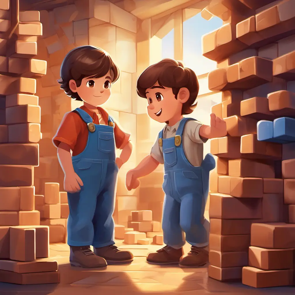 A young boy with brown hair, brown eyes, often in blue overalls gives building blocks another try.