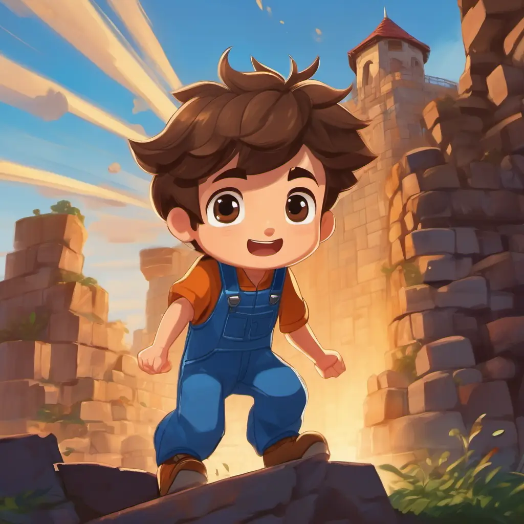 The block tower falls again, A young boy with brown hair, brown eyes, often in blue overalls begins to react.