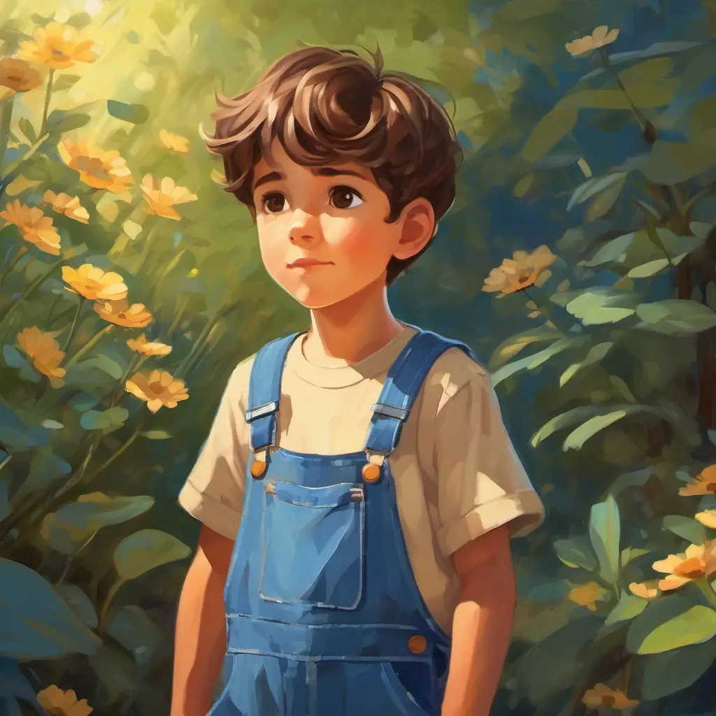 A young boy with brown hair, brown eyes, often in blue overalls remembers his mom's advice and calms himself.