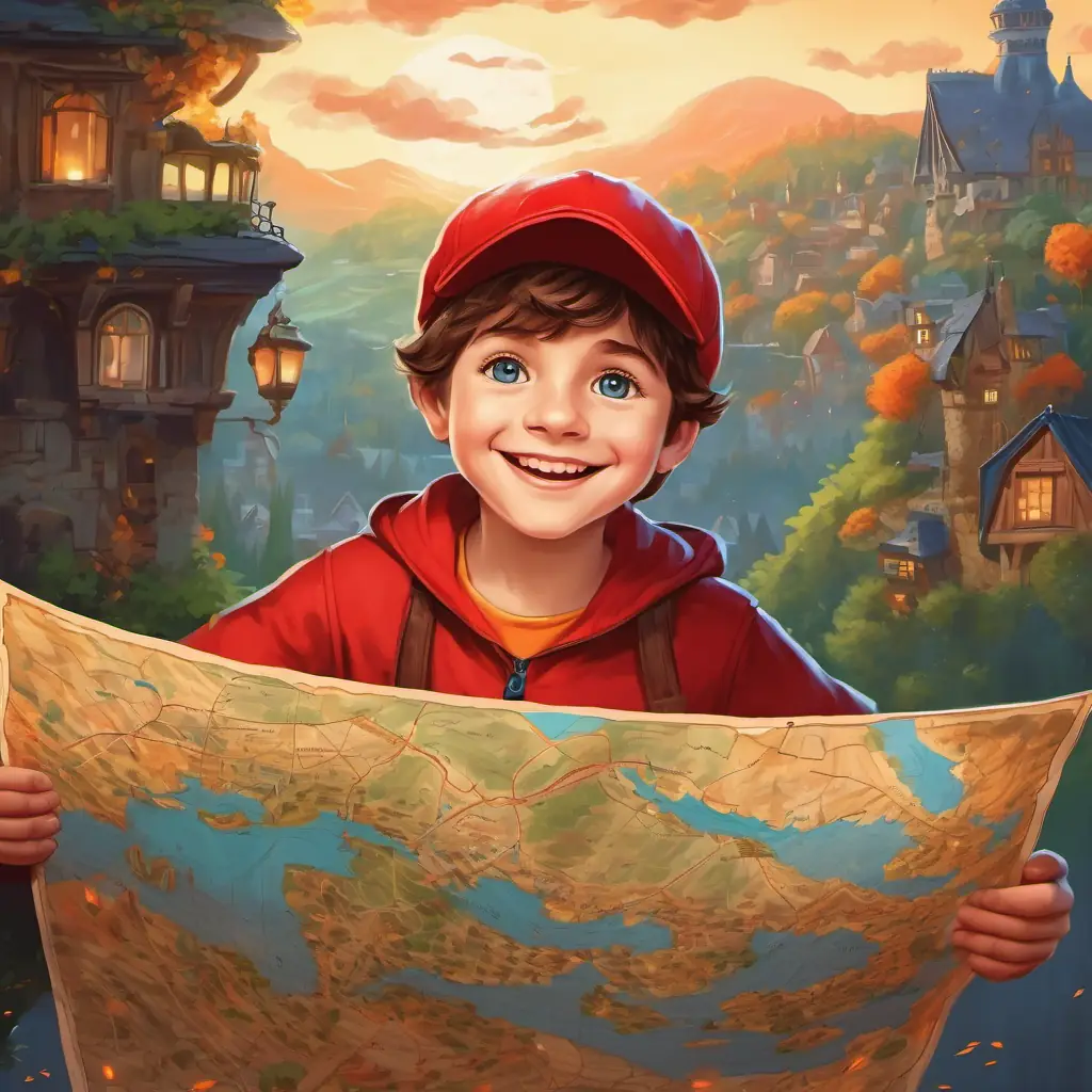 A little boy with brown hair and bright blue eyes, wearing a red cap holding the old map, with a big smile on his face