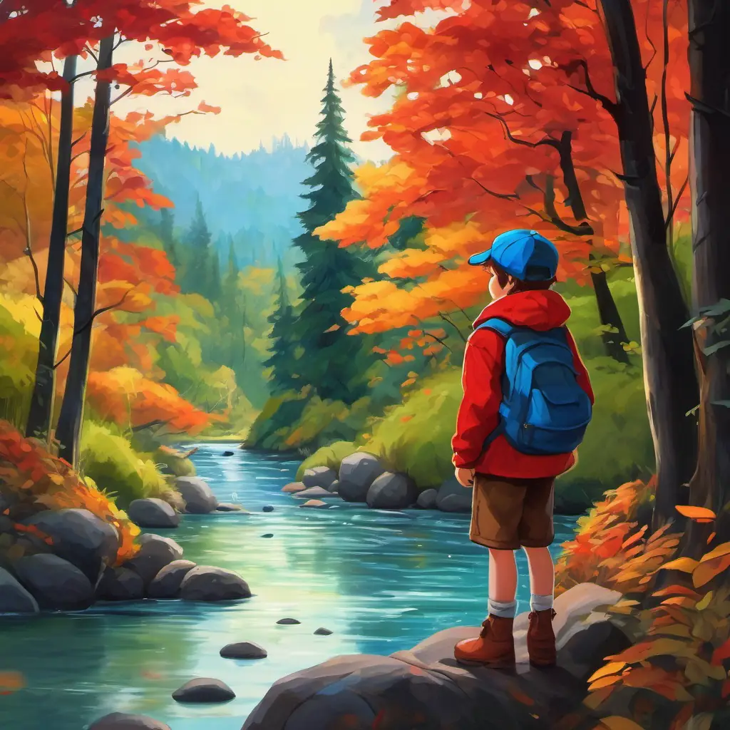 A little boy with brown hair and bright blue eyes, wearing a red cap standing at the edge of the river, looking puzzled. The forest surrounding him is vibrant and filled with tall trees.