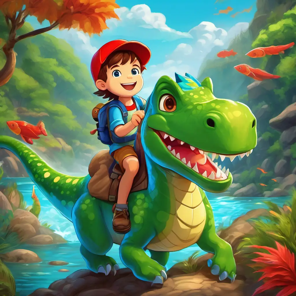 A little boy with brown hair and bright blue eyes, wearing a red cap riding on A dinosaur with a long neck, bright green skin, and kind eyes's back, both smiling. The river flowing beneath them, with colorful fish swimming.