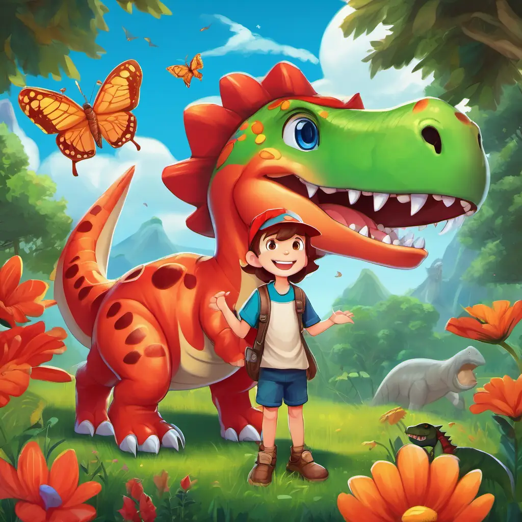 A little boy with brown hair and bright blue eyes, wearing a red cap and A dinosaur with a long neck, bright green skin, and kind eyes standing next to A dinosaur with a large body, brown scales, and a friendly smile, who has a large body and a friendly smile. The meadow is filled with colorful flowers and butterflies.