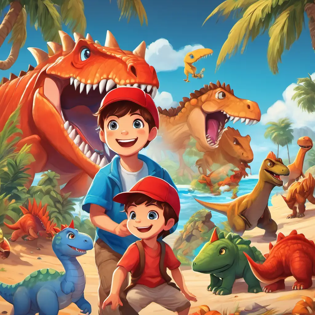 A little boy with brown hair and bright blue eyes, wearing a red cap surrounded by a group of kind dinosaurs, all smiling and playing together. The hidden island is depicted with palm trees, sandy beaches, and a clear blue ocean.