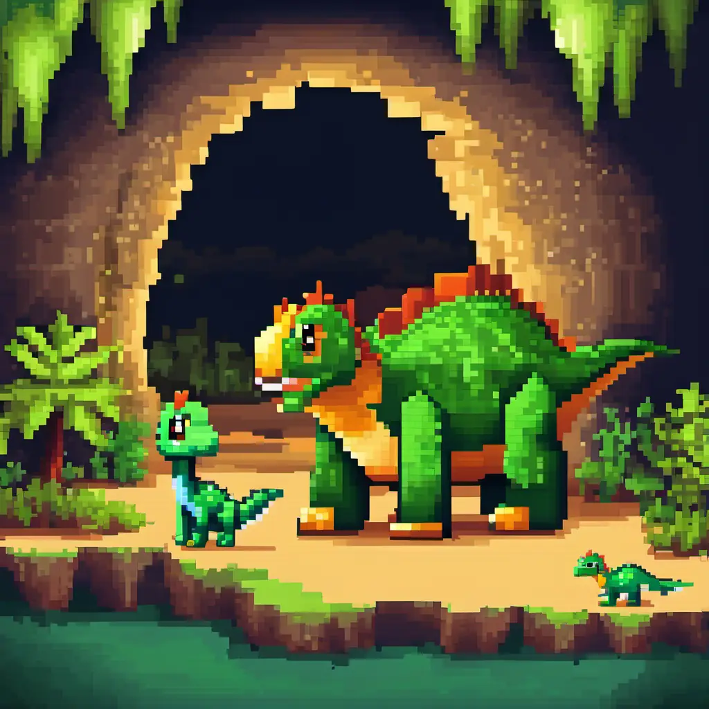 Picture of Small and green dinosaur with big brown eyes the dinosaur with his family in their cave