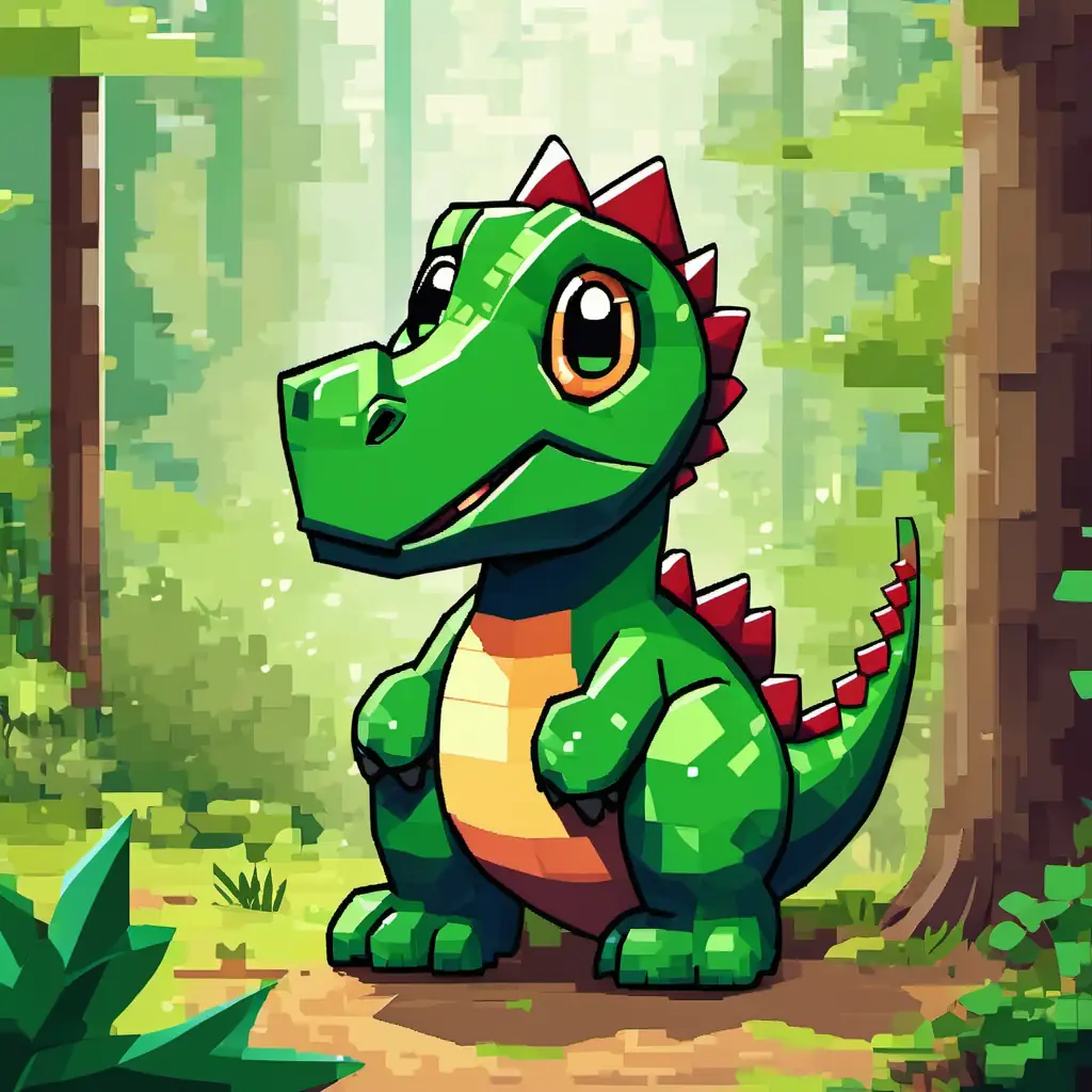 Picture of Small and green dinosaur with big brown eyes standing in the forest, looking confused